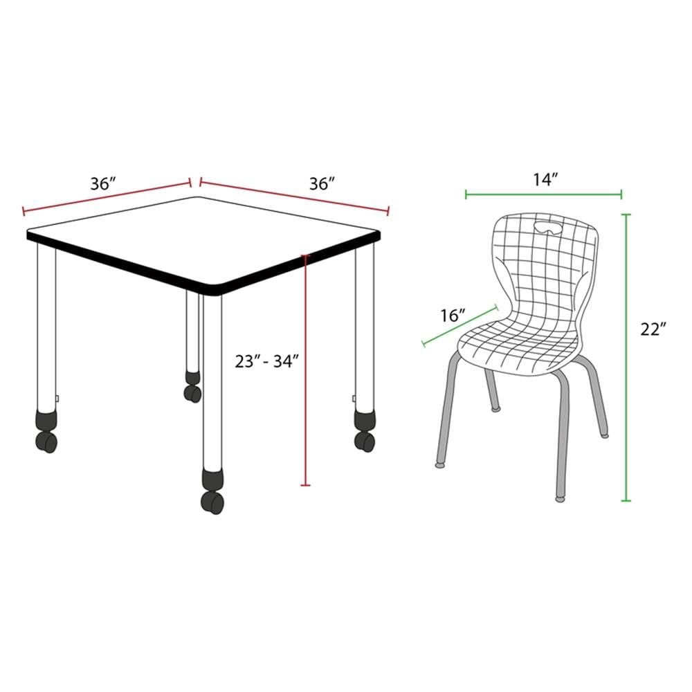 36" Square Mobile Table with 4 Blue Stack Chairs E5431