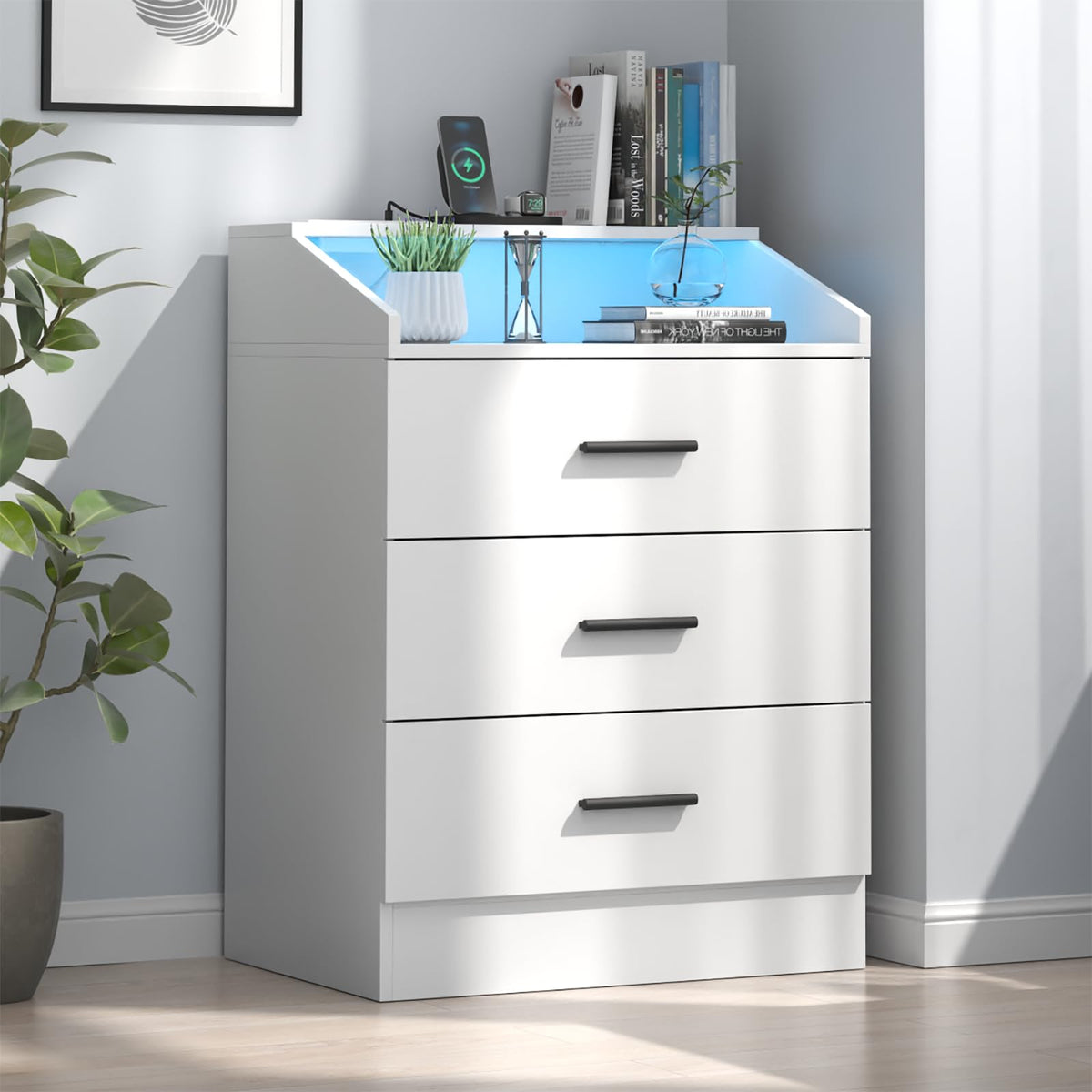 White 3 Drawer Nightstand with Charging Station L21744