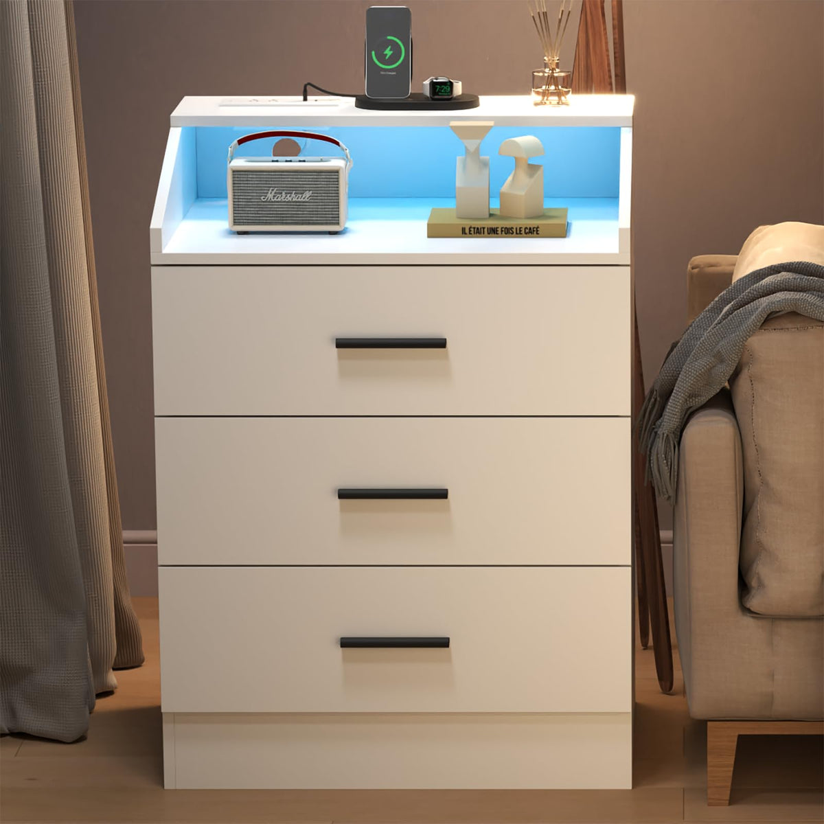 White 3 Drawer Nightstand with Charging Station L21744