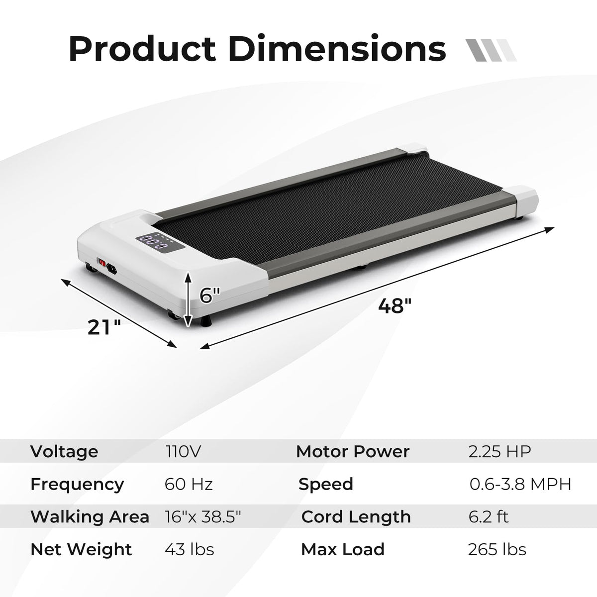 2.25HP Under Desk Treadmill with LED Display and Remote Control M8753