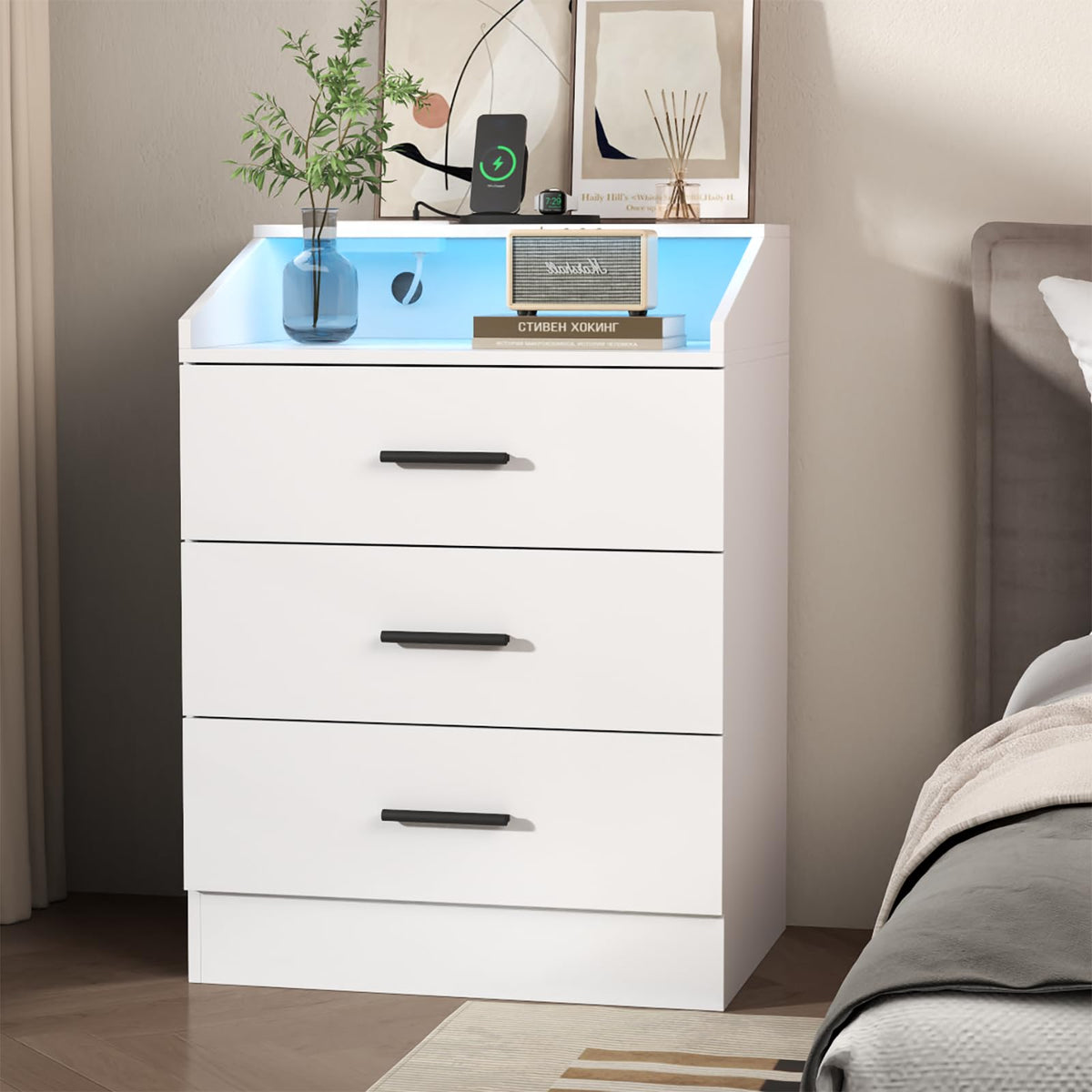 White 3 Drawer Nightstand with Charging Station L21744