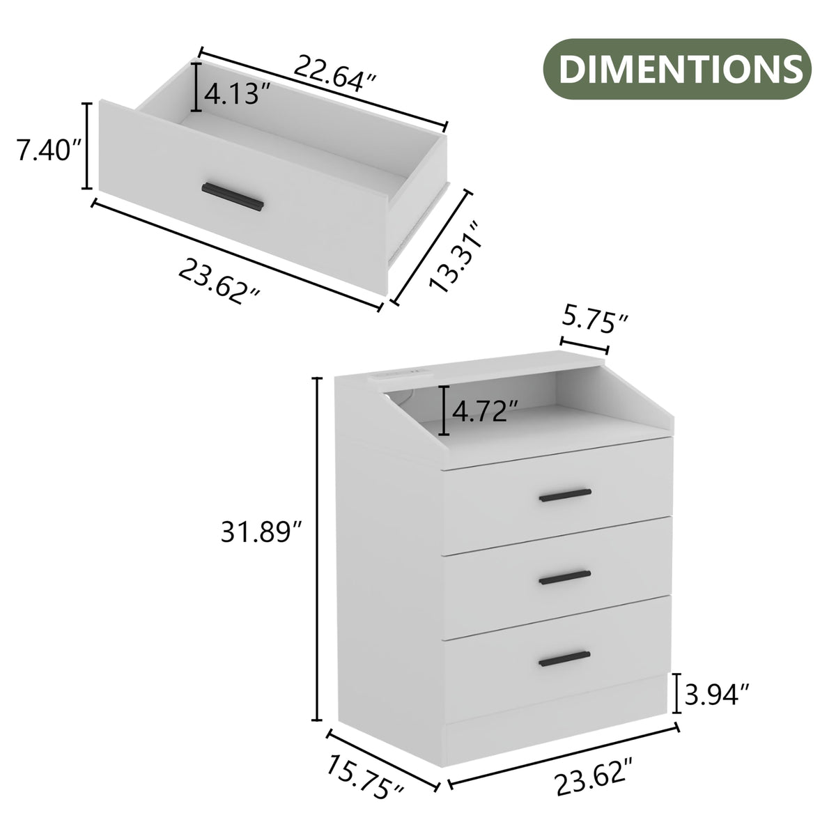 White 3 Drawer Nightstand with Charging Station L21744