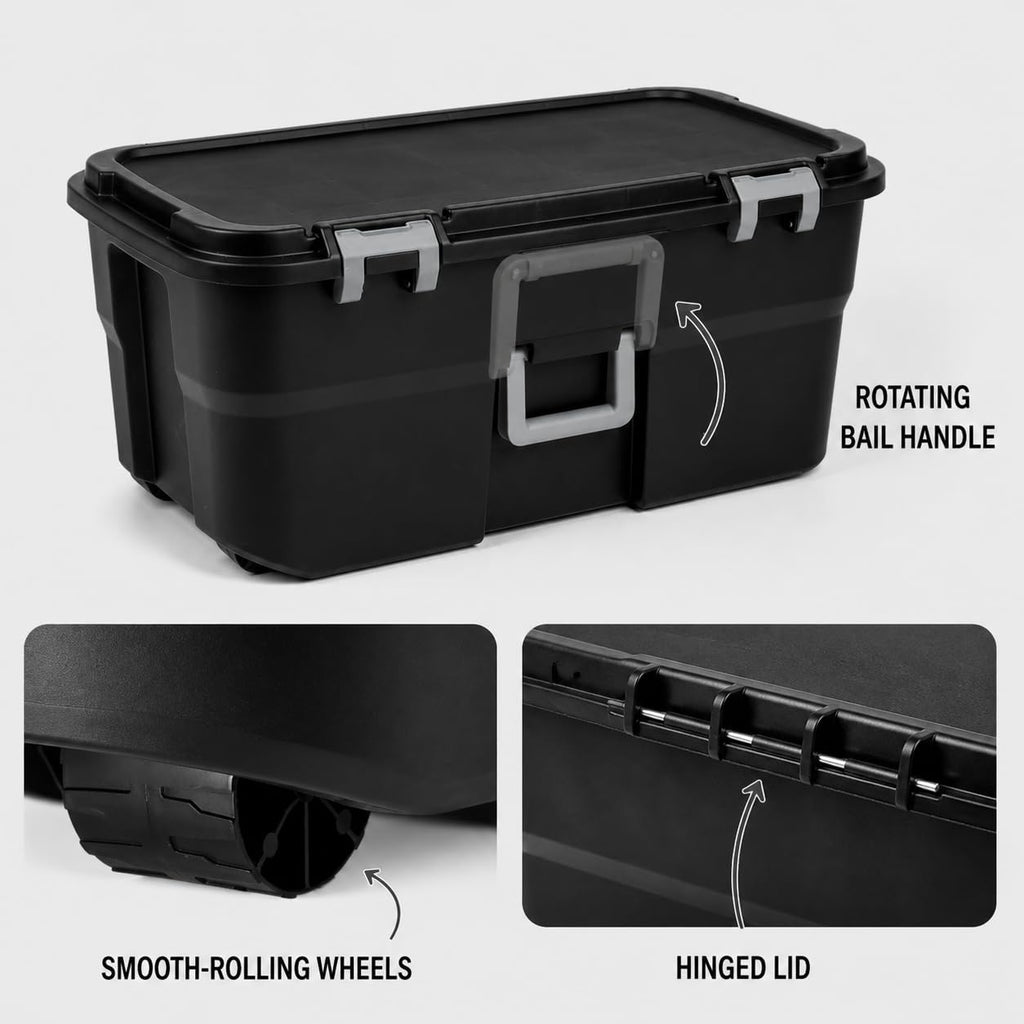 22 Gallon Black Plastic Wheeled Storage Trunk O122930