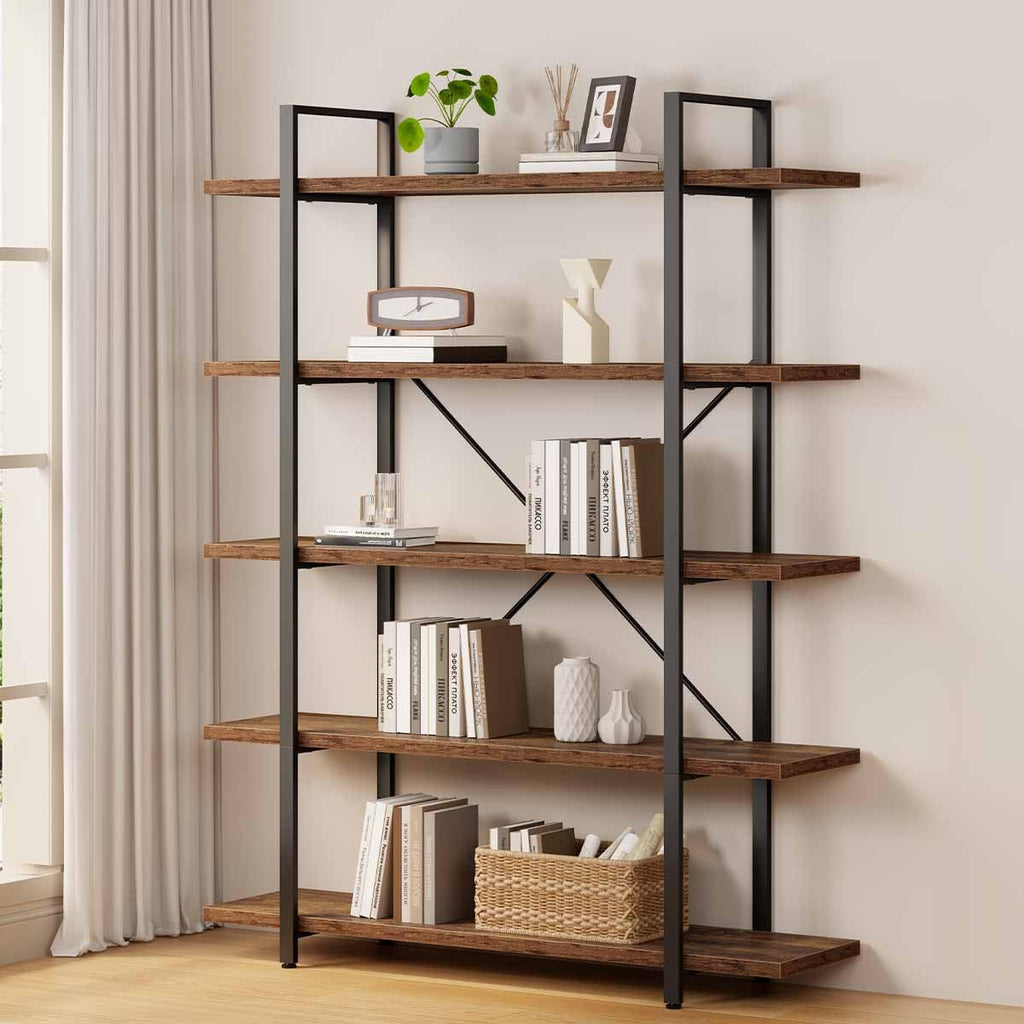 Rustic Brown 5 Shelf Wood Bookshelf W8527