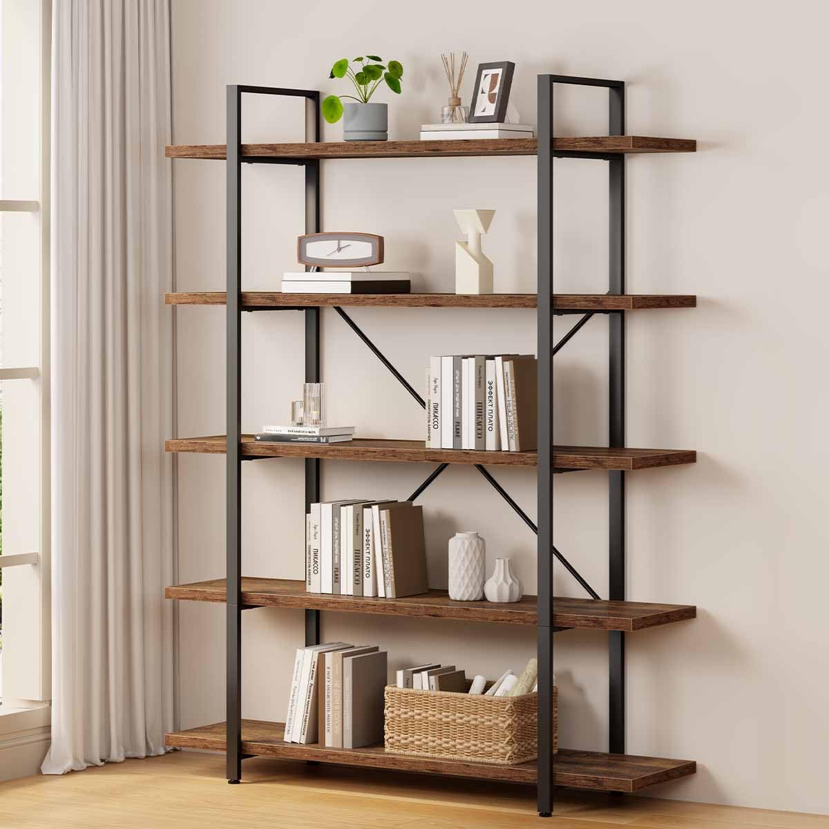 Rustic Brown 5 Shelf Wood Bookshelf W8527