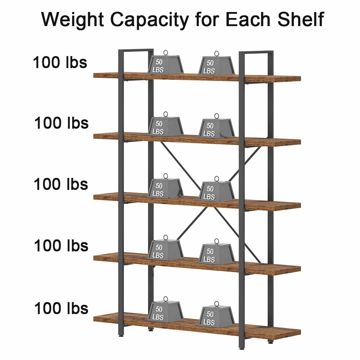 Rustic Brown 5 Shelf Wood Bookshelf W8527