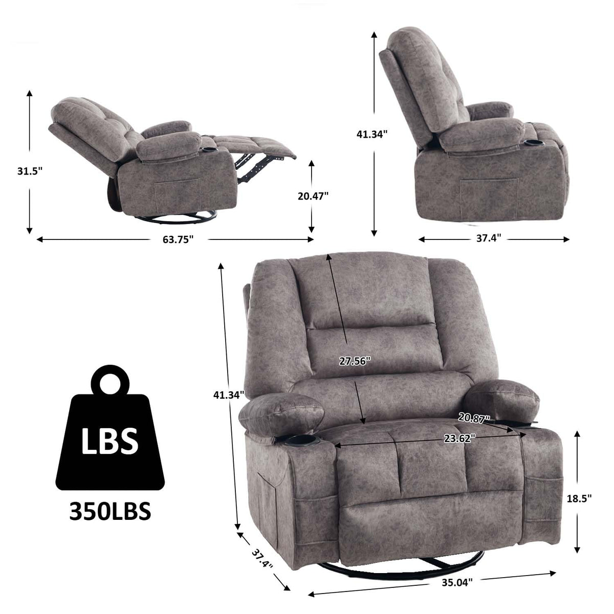 Oversized Grey Swivel Rocking Recliner Chair B938250