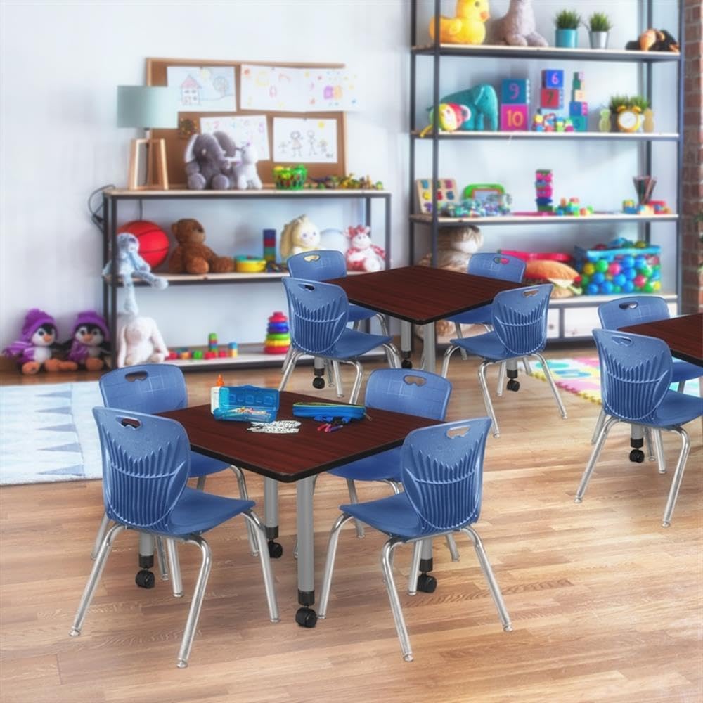 36" Square Mobile Table with 4 Blue Stack Chairs E5431