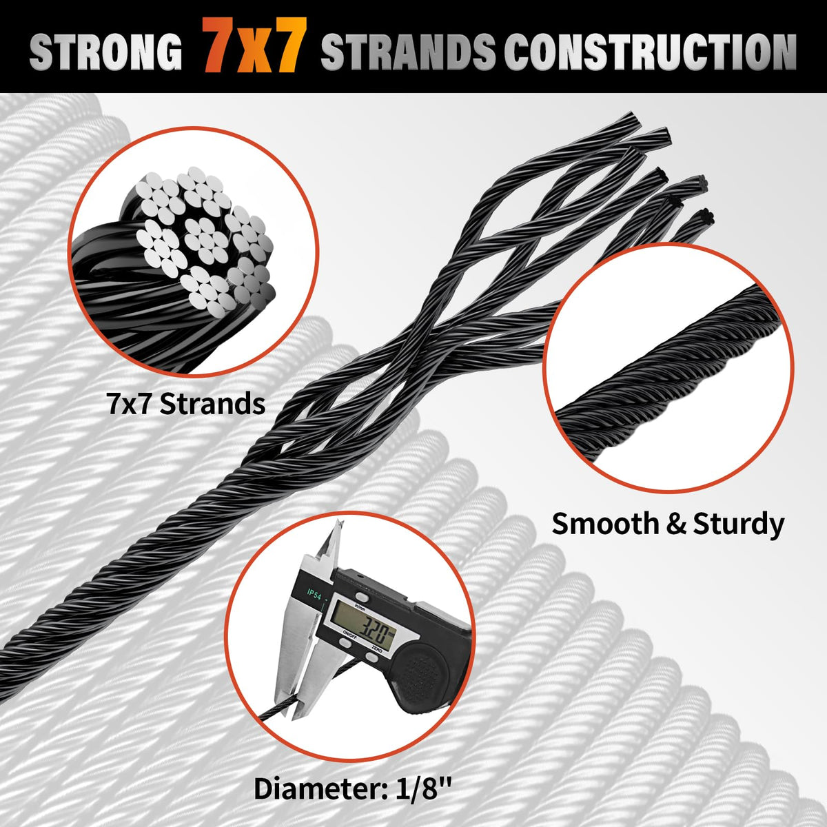 Black 1000FT 1/8" T316 Stainless Steel Cable Q622