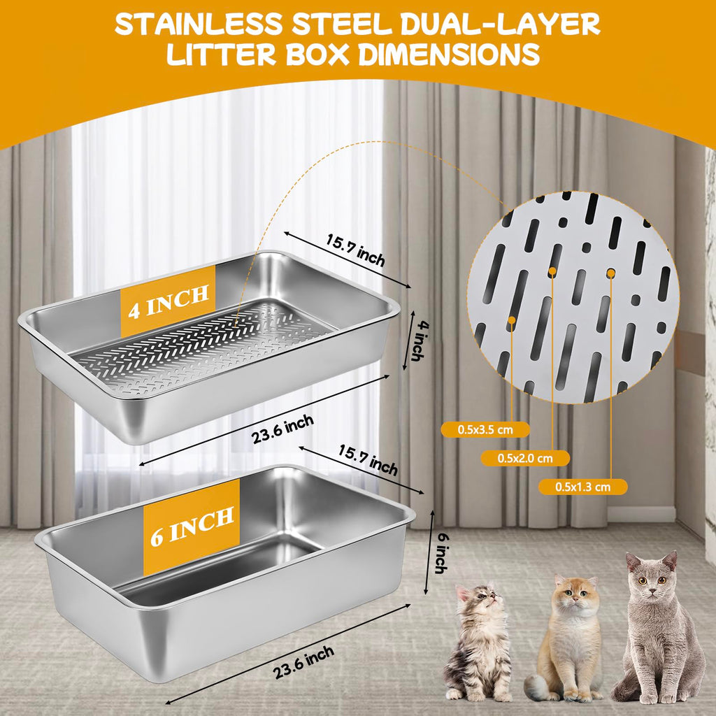 Stainless Steel Sifting Cat Litter Box with Scoop and Pee Pad D102