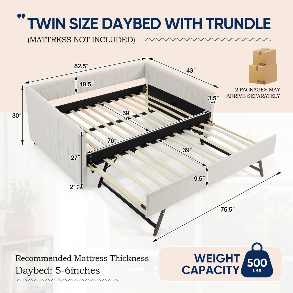 Beige Linen Twin Size Daybed with Trundle X92573