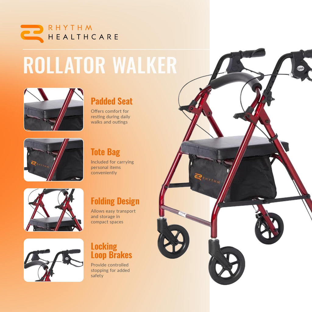 Red Aluminum 4 Wheel Rollator with Padded Seat O573919