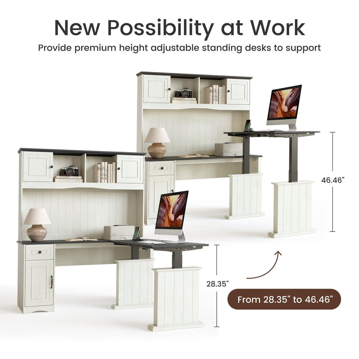 L Shaped Electric Standing Desk with Hutch and Drawers, Antique White L563864