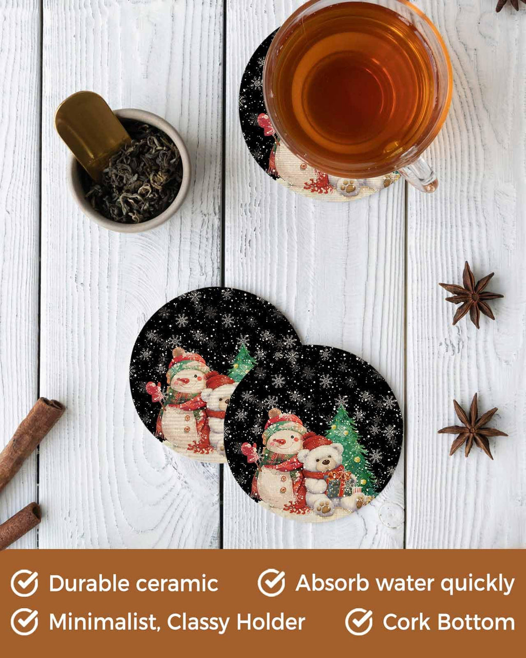 Black Retro Linen Ceramic Stone Coasters Set of 6 with Holder X7300