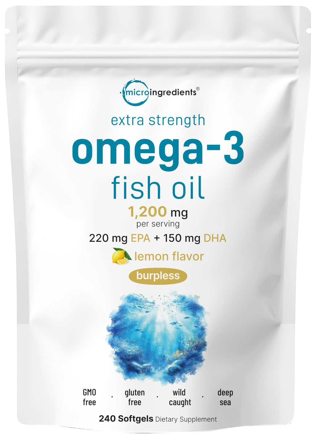 Omega 3 Fish Oil 1,200mg 240 Softgels Lemon Flavored Burpless EPA DHA K1915