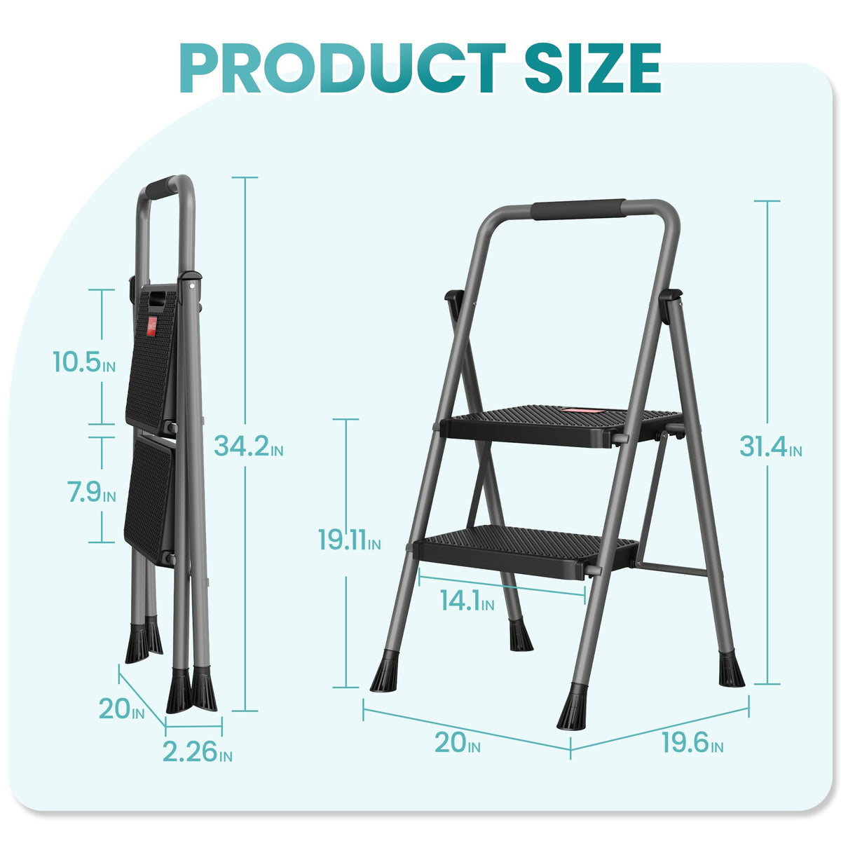 2 Step Folding Step Ladder 300 lbs Capacity with Handrail Gray Y9294