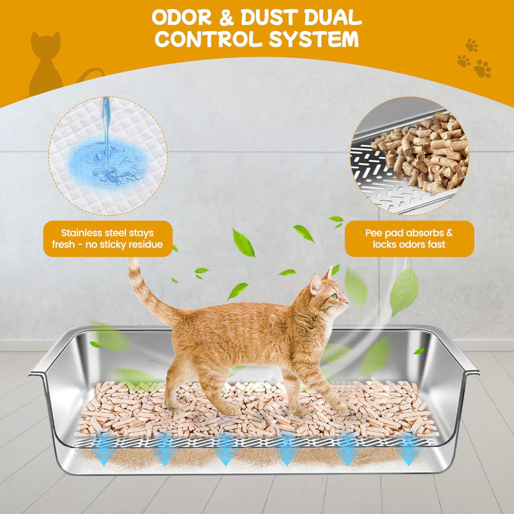 Stainless Steel Sifting Cat Litter Box with Scoop and Pee Pad D102