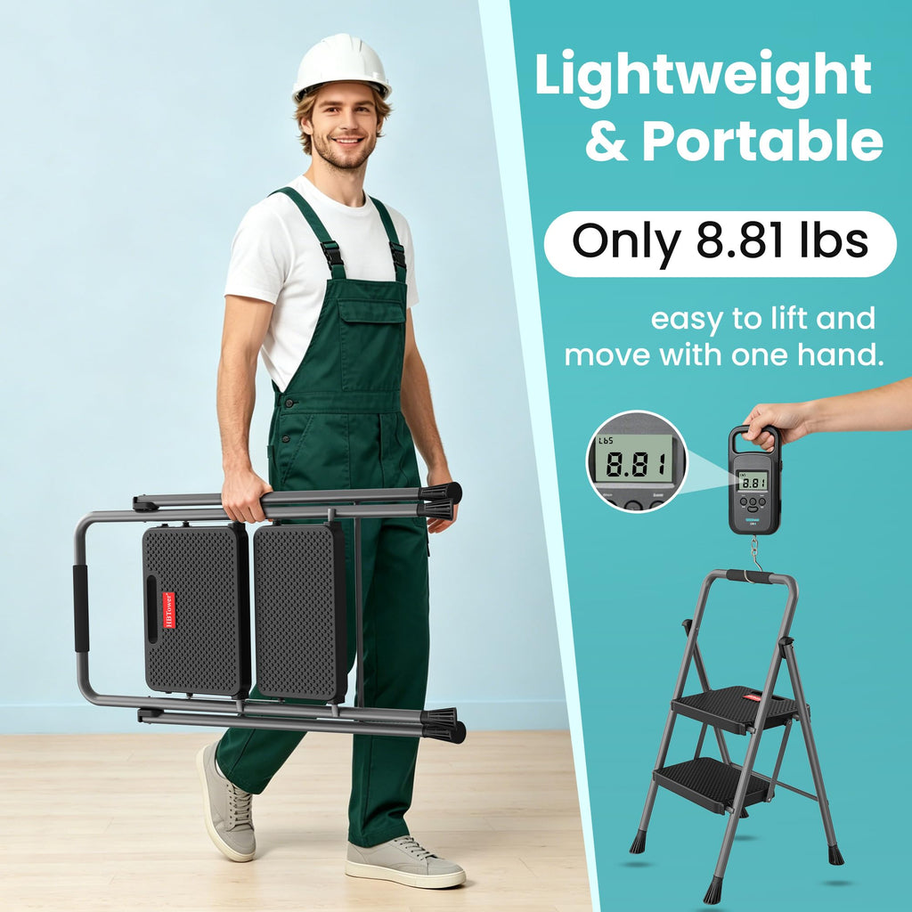 2 Step Folding Step Ladder 300 lbs Capacity with Handrail Gray Y9294