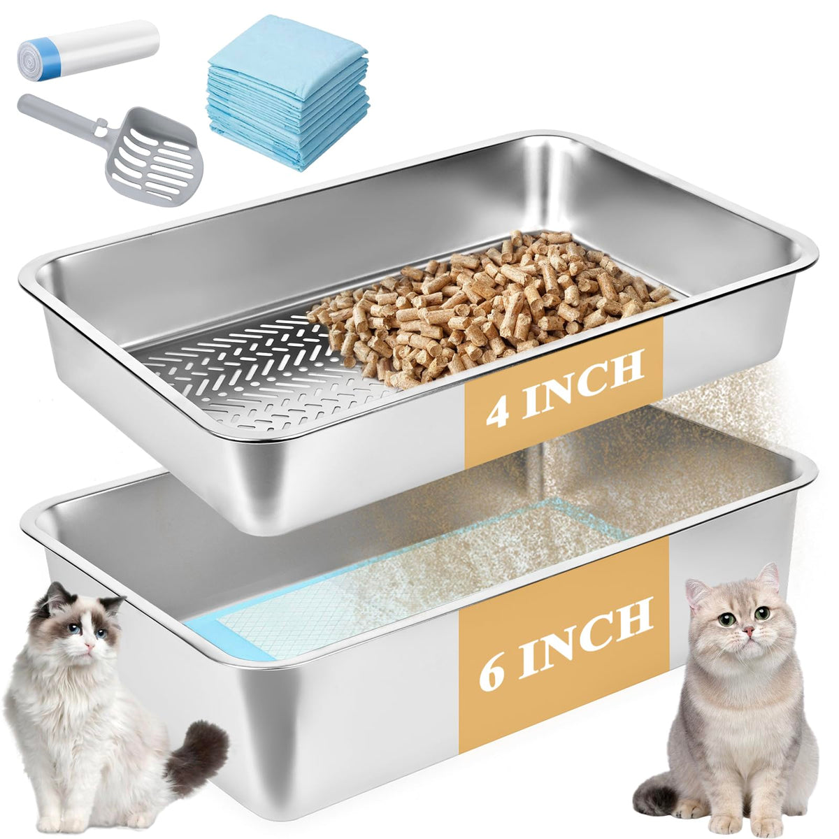 Stainless Steel Sifting Cat Litter Box with Scoop and Pee Pad D102