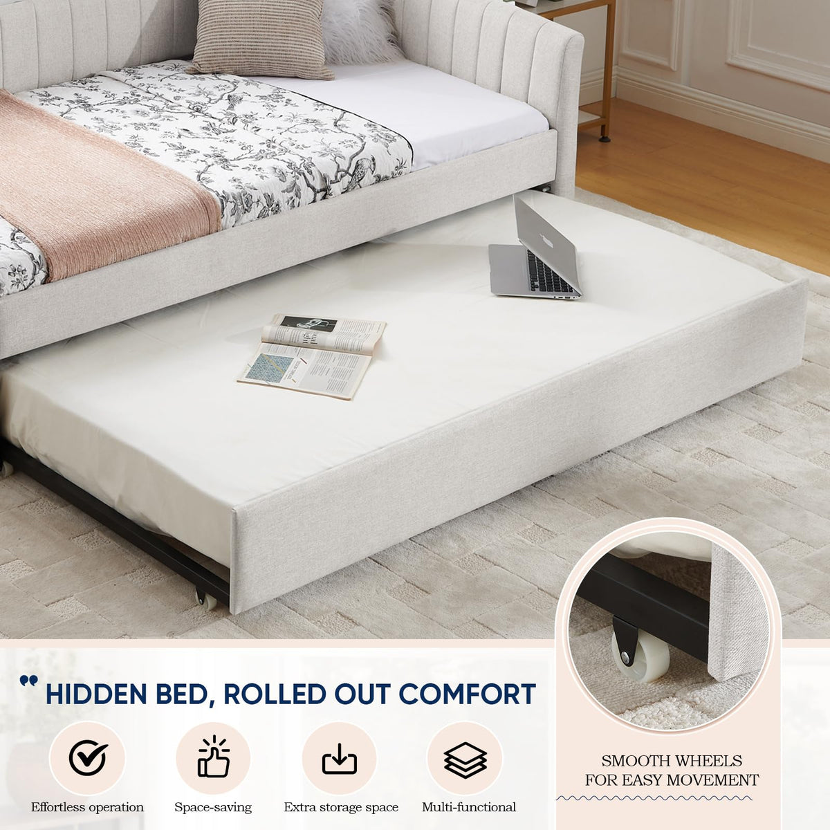 Beige Linen Twin Size Daybed with Trundle X92573