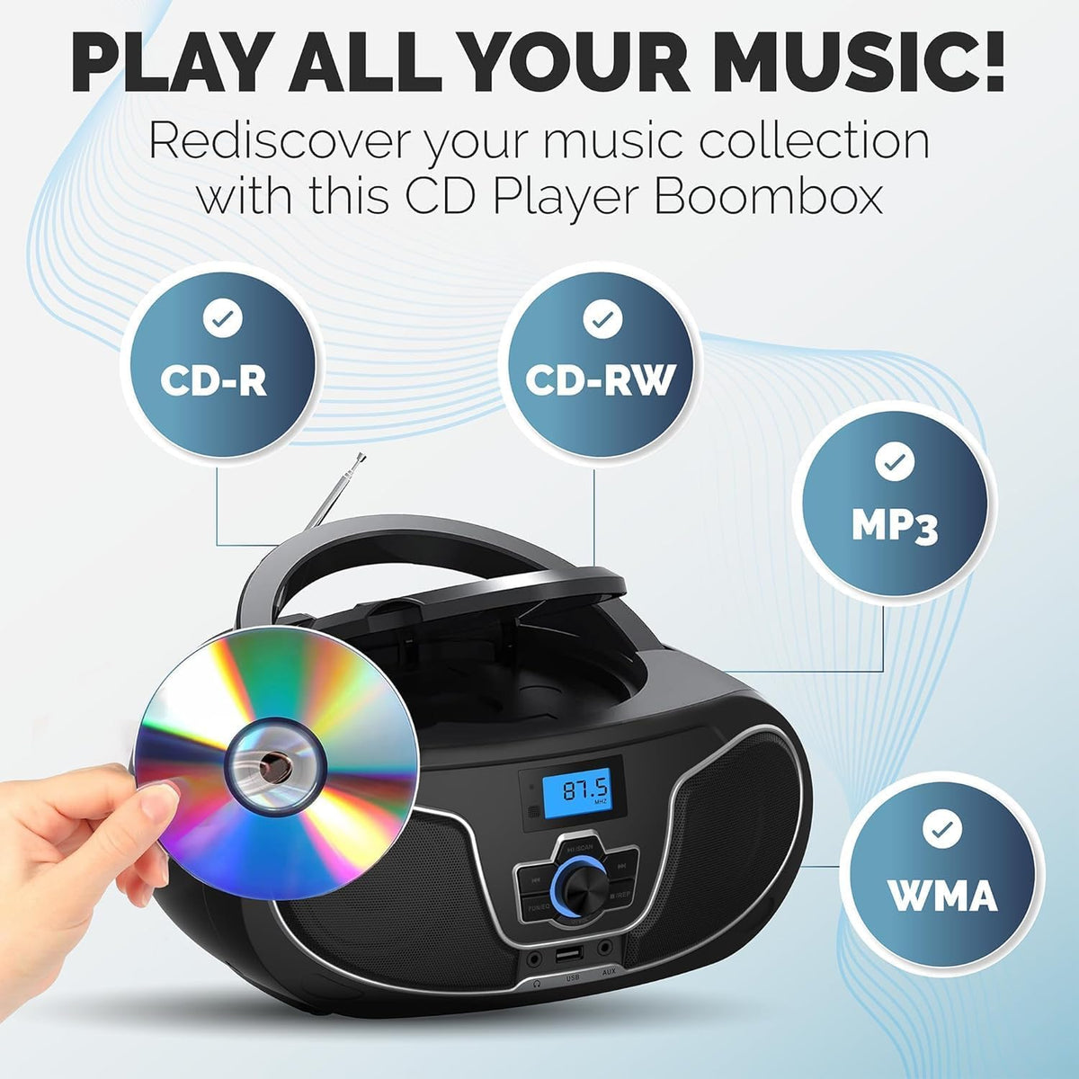 Portable Bluetooth CD Player Boombox with FM Radio H429