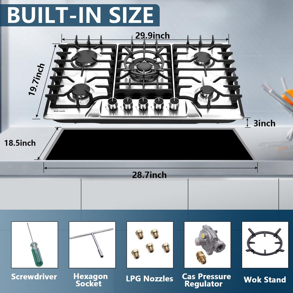 30 Inch 5 Burners Stainless Steel Gas Cooktop L9502