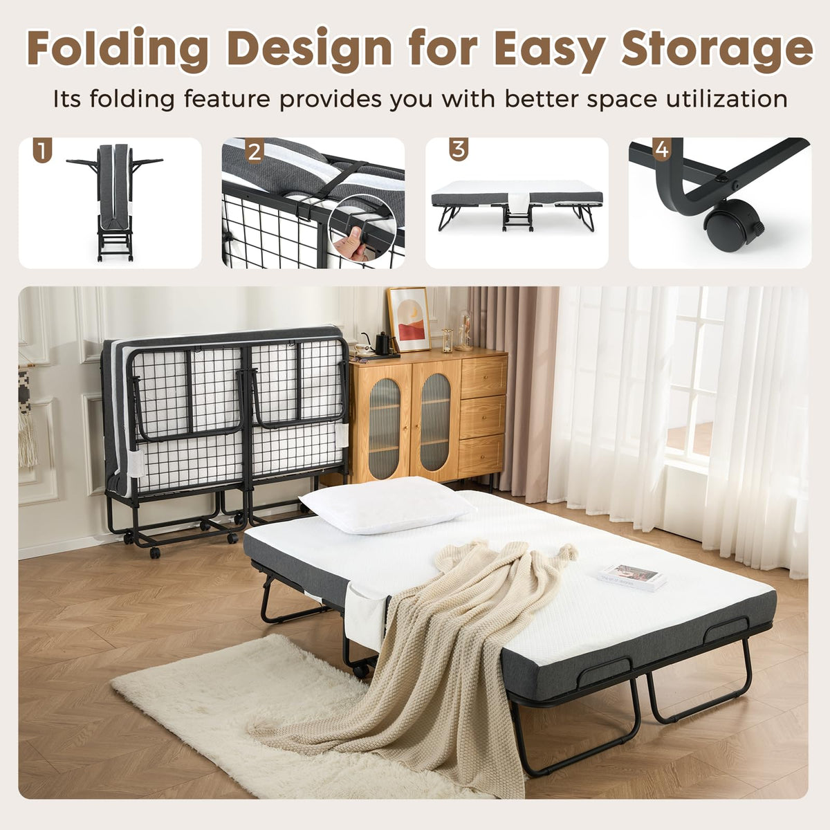 Folding Rollaway Guest Bed with 8 Casters and 6" Memory Foam Mattress Z554