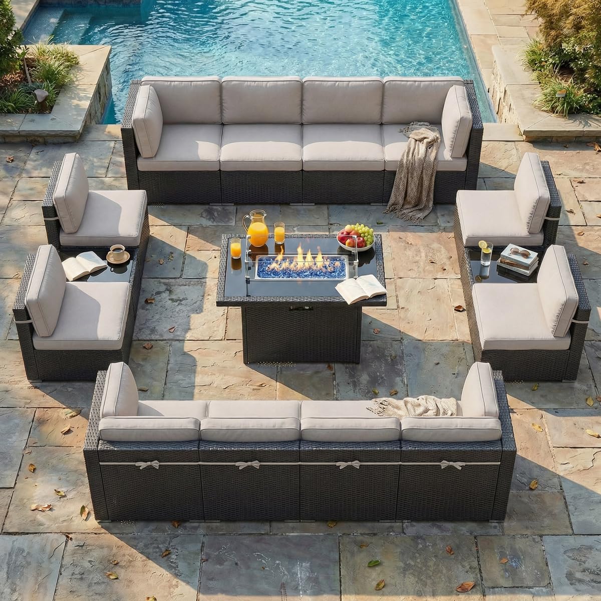 15 Piece Wicker Rattan Patio Furniture Set with Fire Pit Table B3909