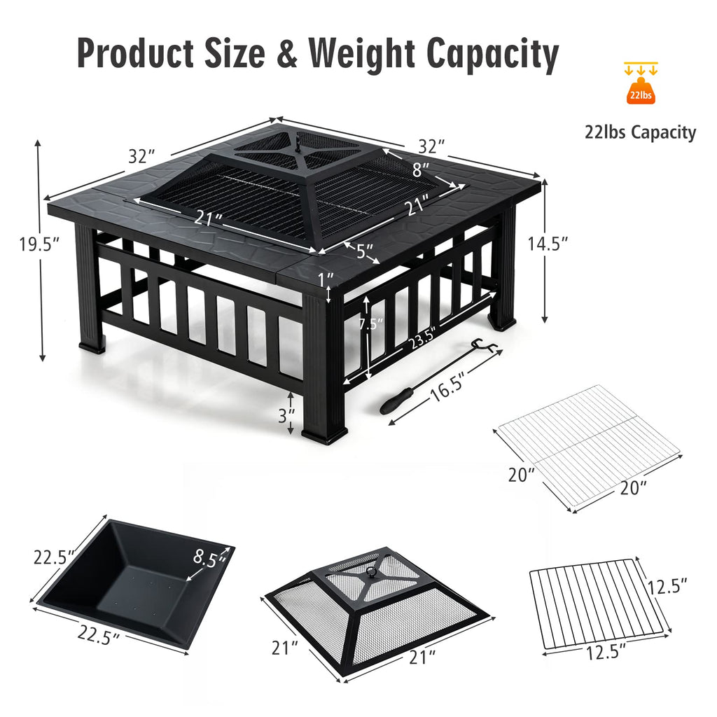 32 inch 3 in 1 Wood Burning Fire Pit Table with BBQ Grill Q485361