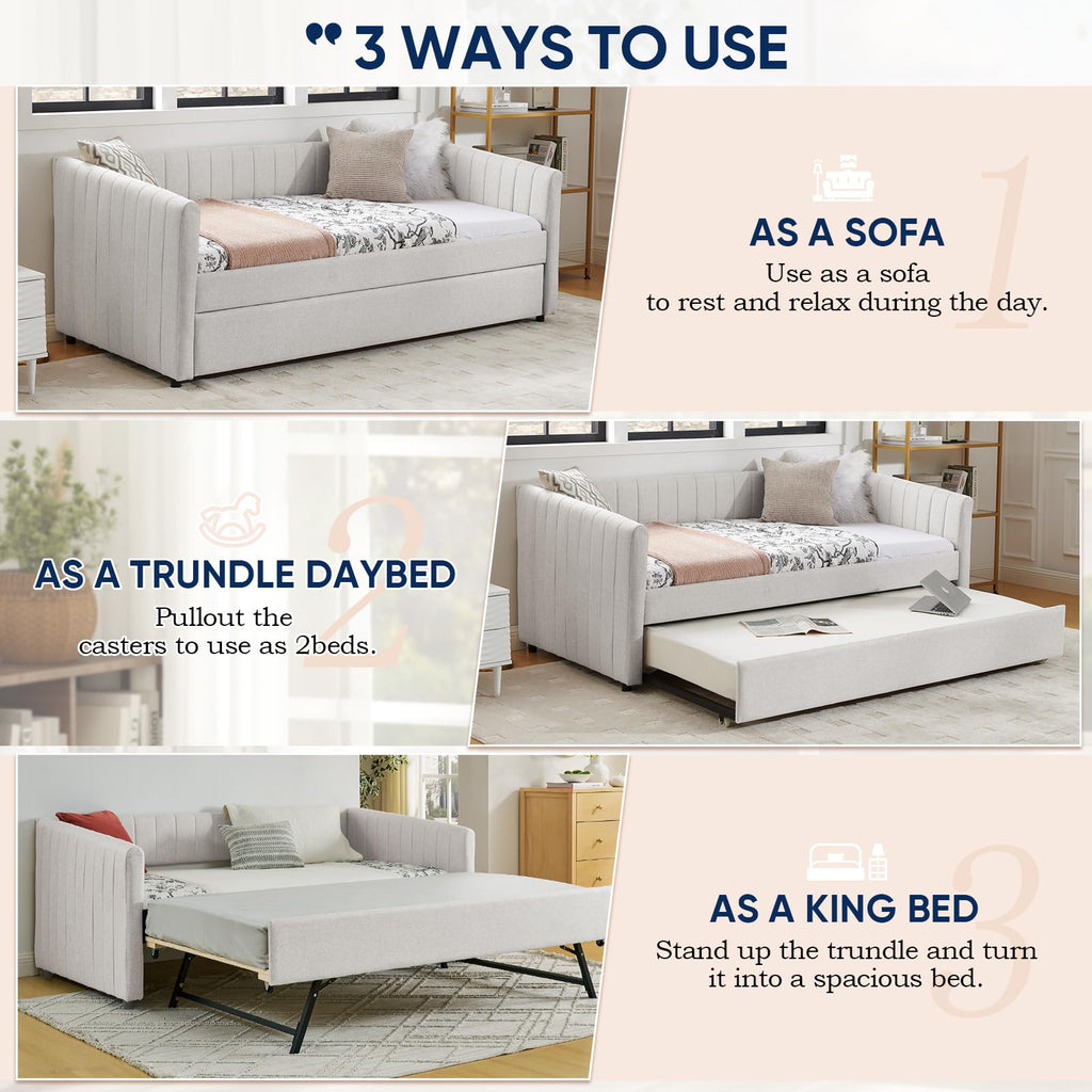 Beige Linen Twin Size Daybed with Trundle X92573