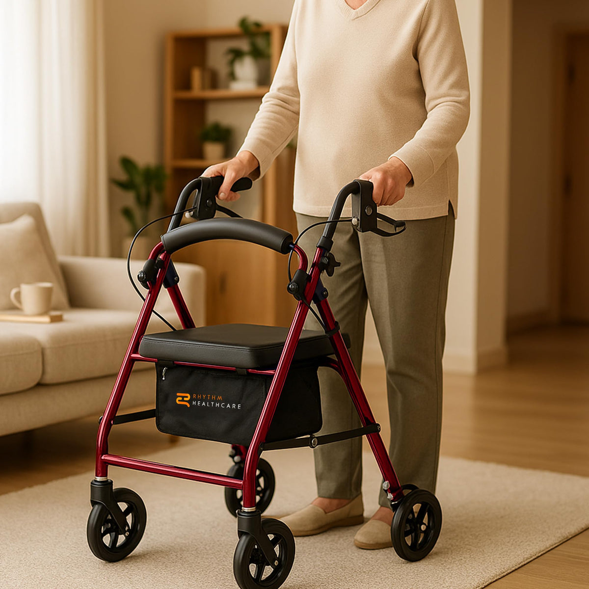 Red Aluminum 4 Wheel Rollator with Padded Seat O573919
