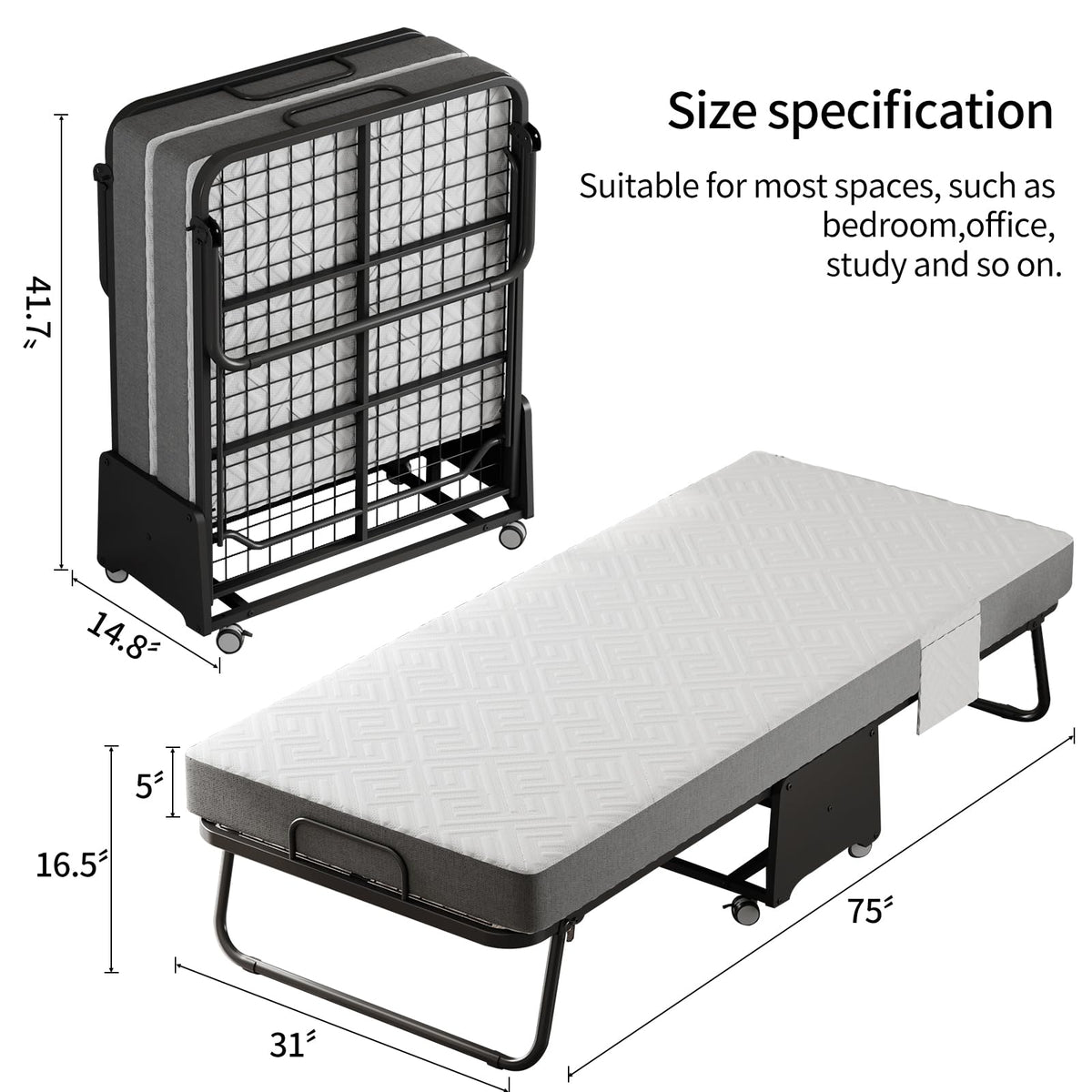Folding Bed with 5-inch Memory Foam Mattress and Metal Frame E52868