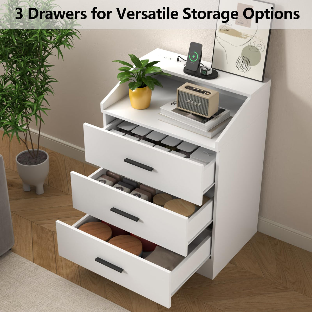 White 3 Drawer Nightstand with Charging Station L21744