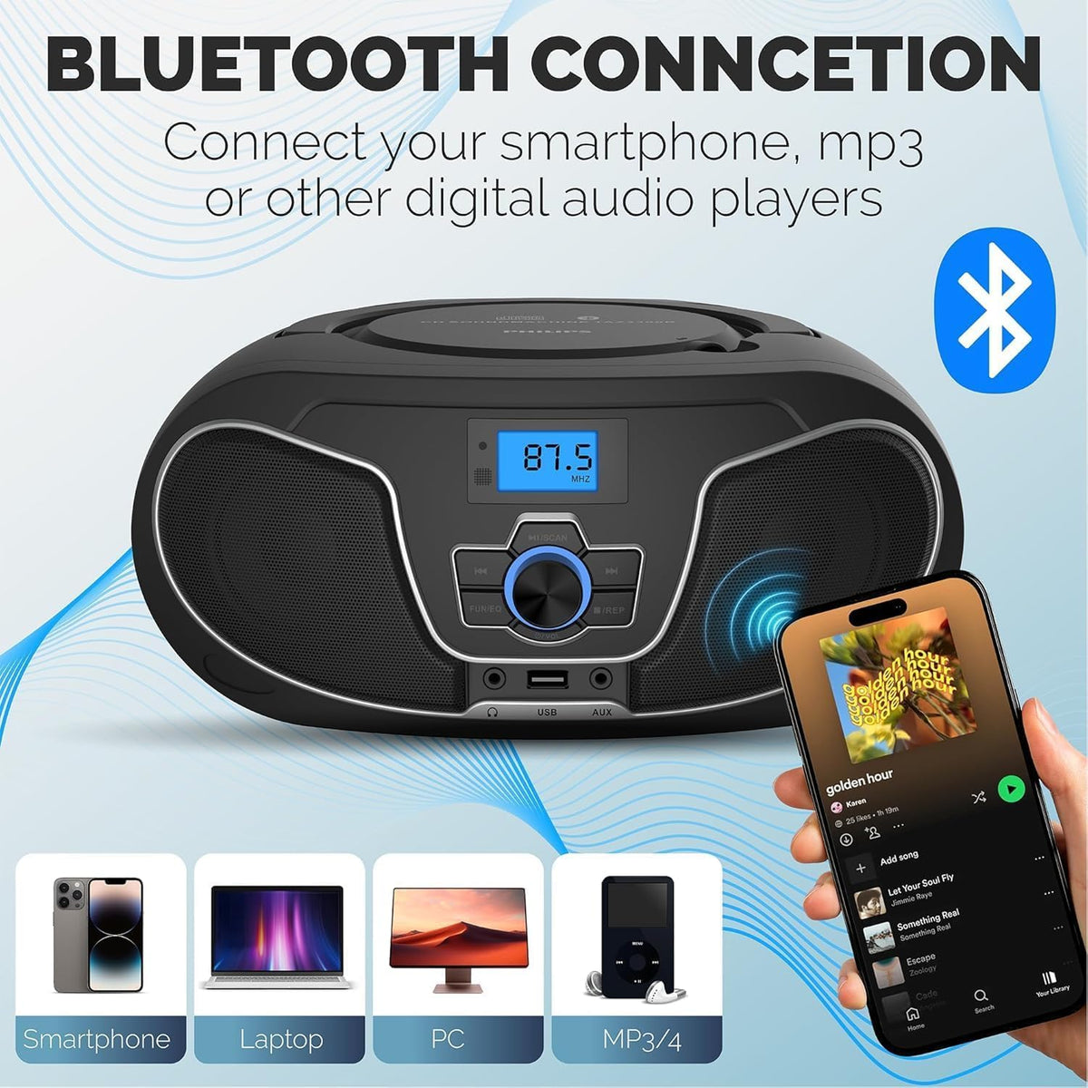 Portable Bluetooth CD Player Boombox with FM Radio H429