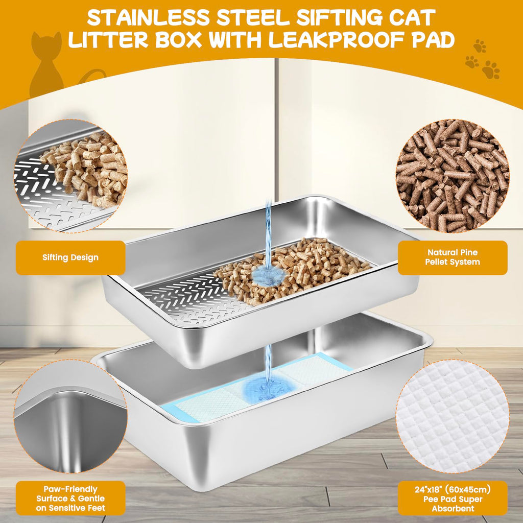 Stainless Steel Sifting Cat Litter Box with Scoop and Pee Pad D102
