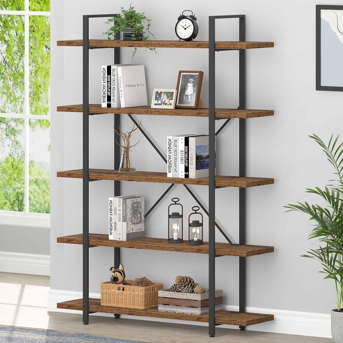 Rustic Brown 5 Shelf Wood Bookshelf W8527