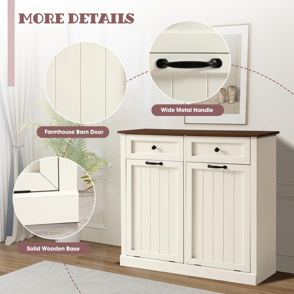 White 22 Gallon Wooden Laundry Hamper Cabinet with 2 Drawers I985872