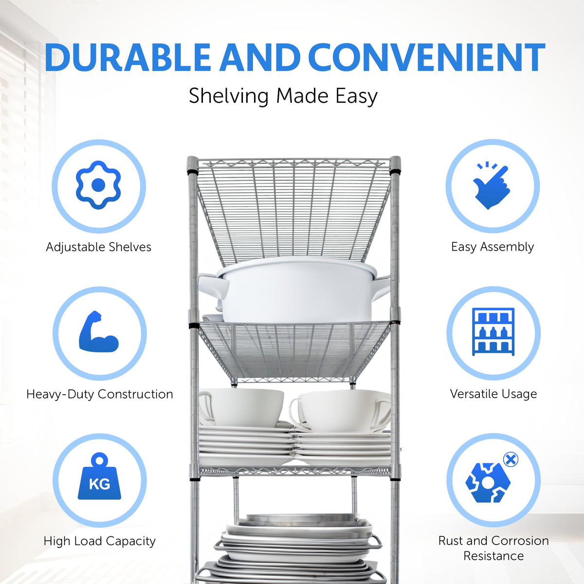 Heavy Duty 5-Tier Chrome Wire Shelving Rack with Casters A844
