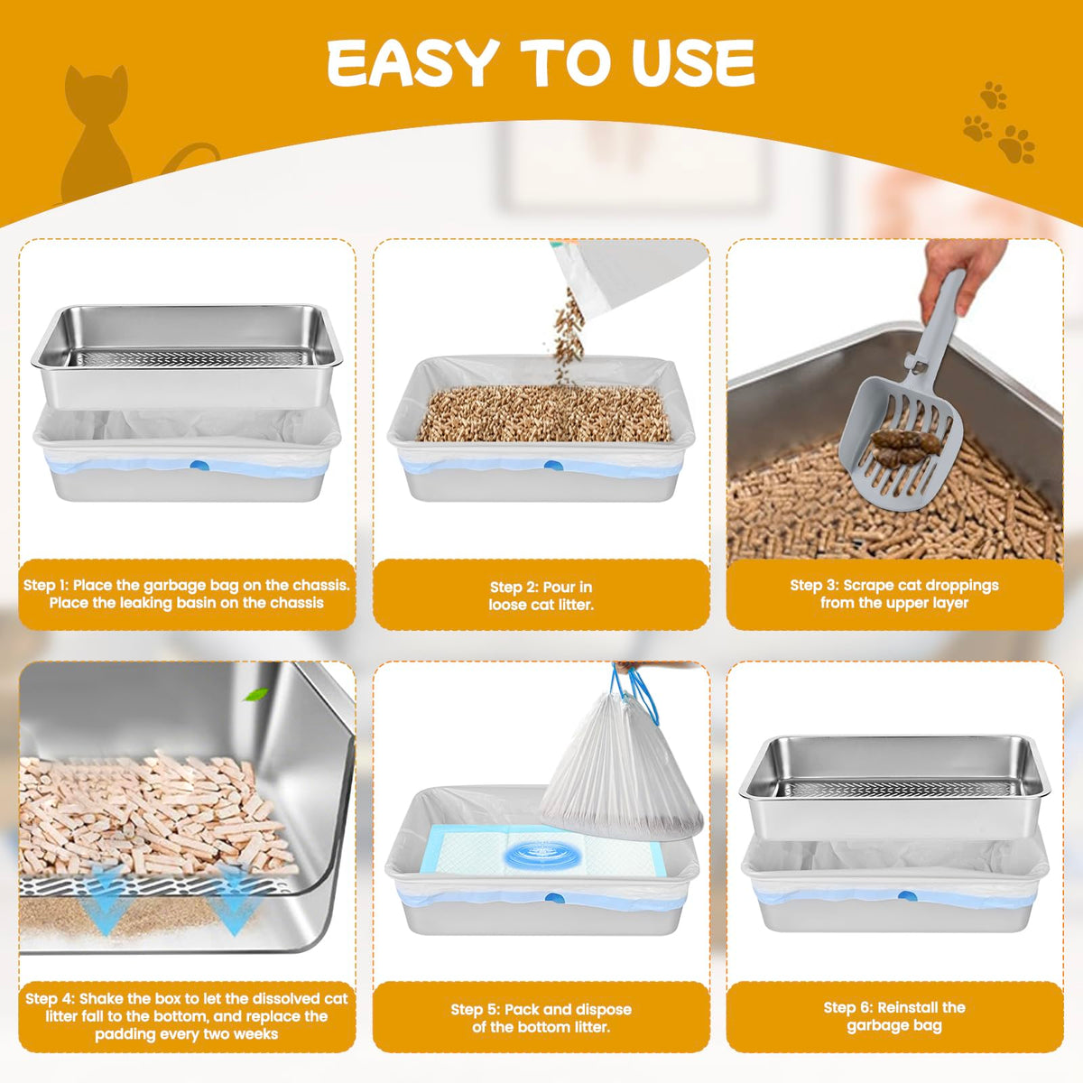Stainless Steel Sifting Cat Litter Box with Scoop and Pee Pad D102