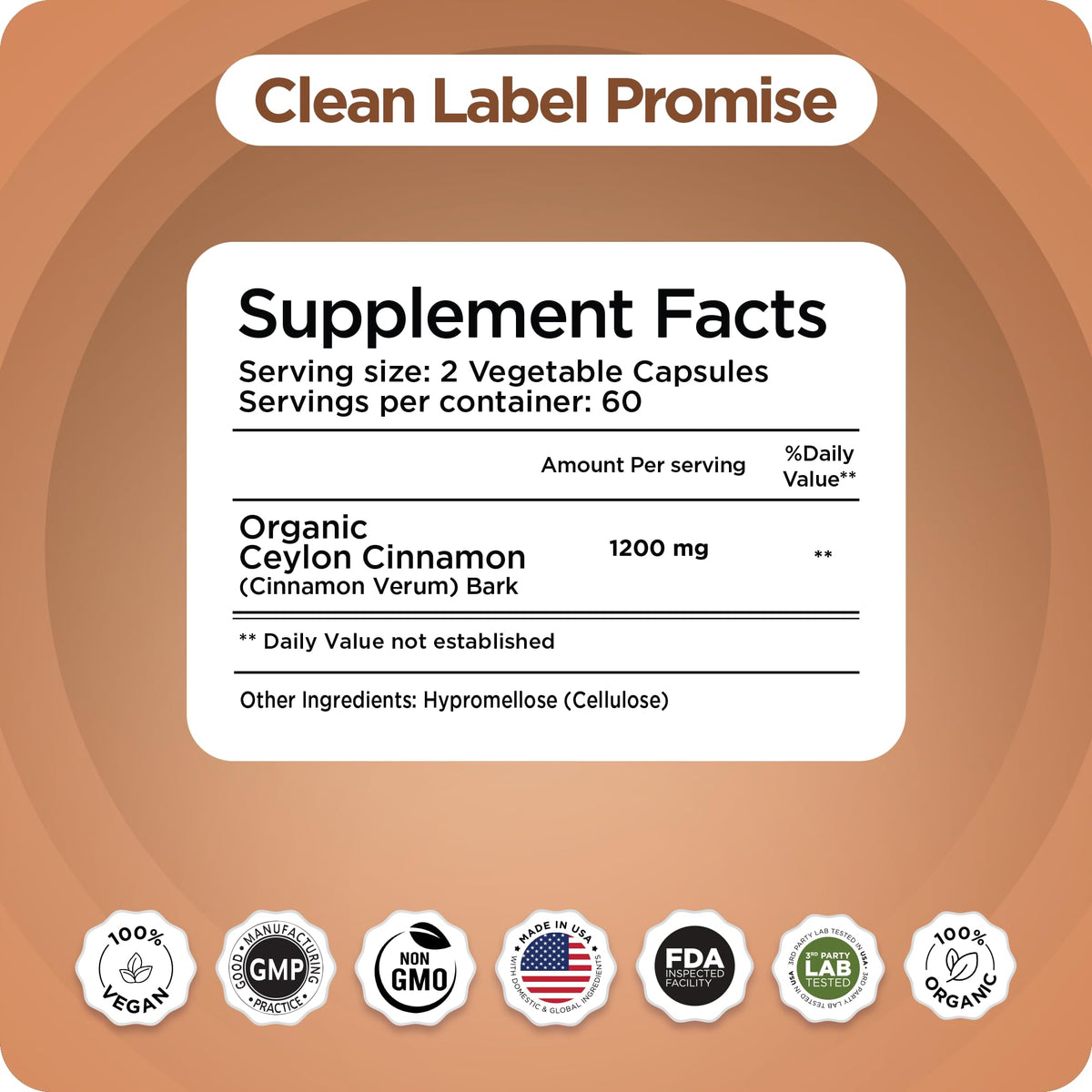 Certified Organic Ceylon Cinnamon 1200mg 120 Veg Capsules X473