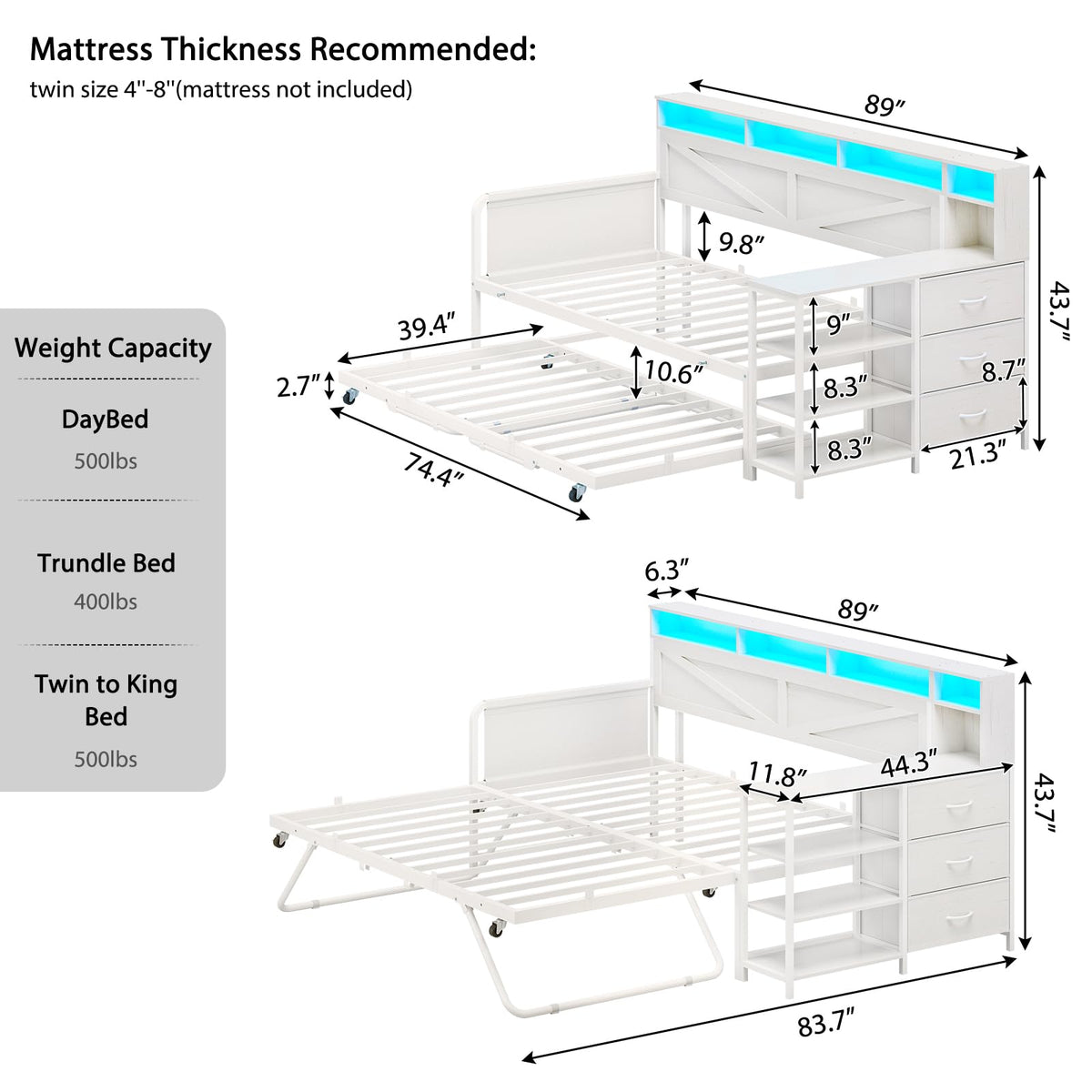 White Twin Wood Daybed with Trundle and 3 Storage Drawers W409853