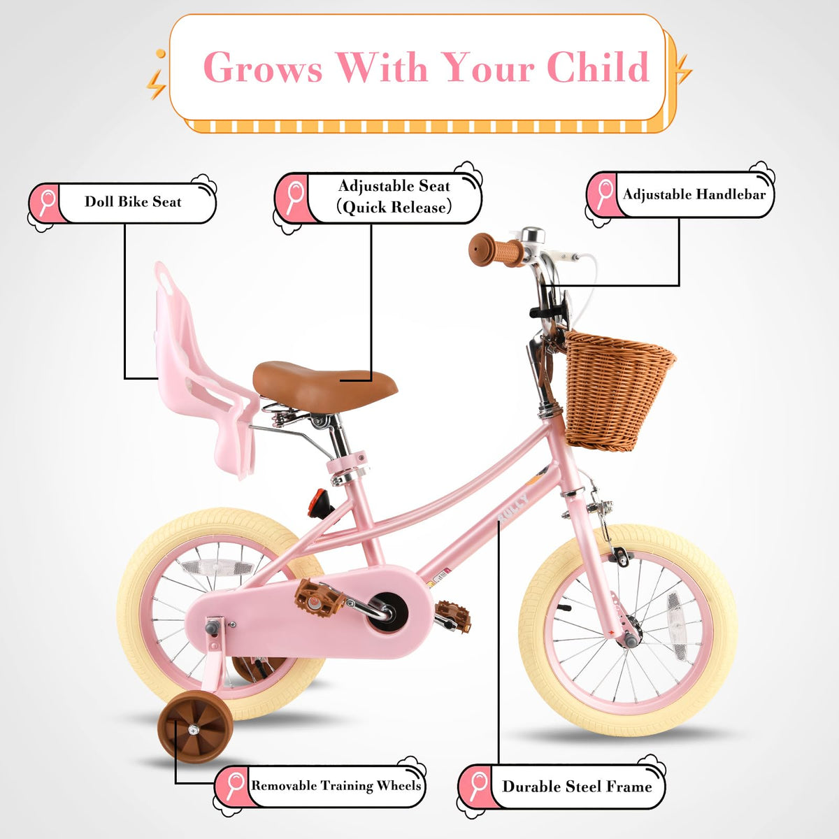 Kids Bike with Training Wheels, Basket and Streamers Q122365