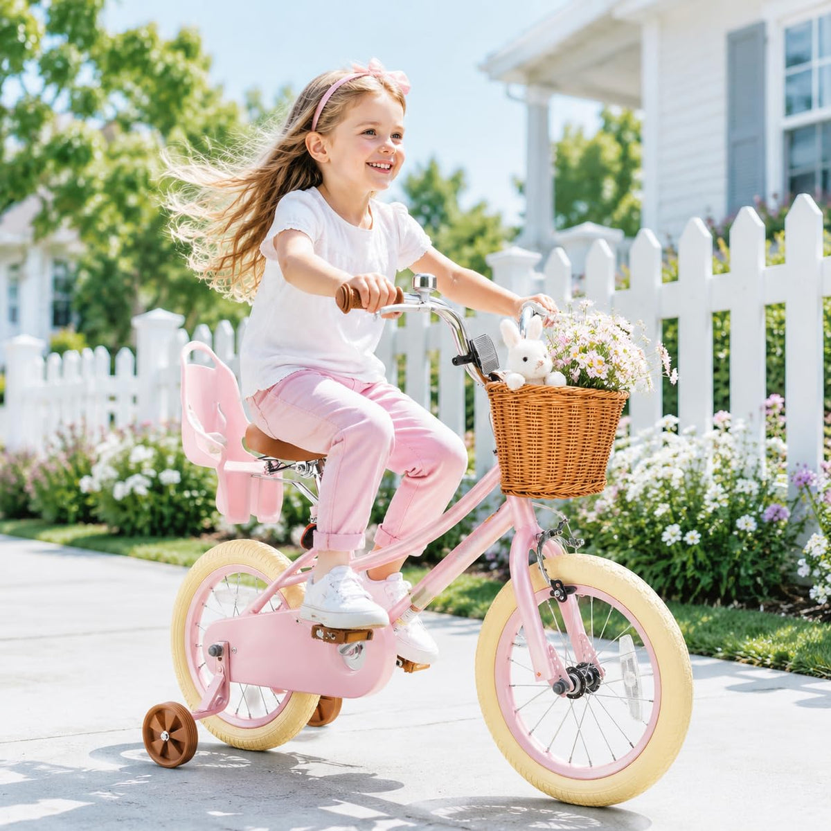 Kids Bike with Training Wheels, Basket and Streamers Q122365