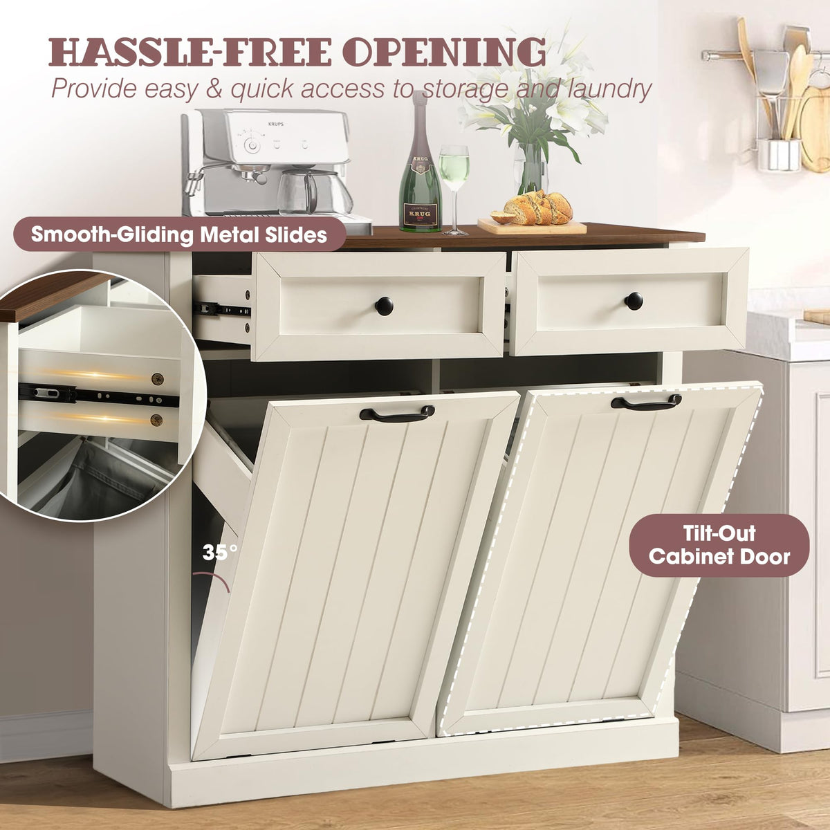 White 22 Gallon Wooden Laundry Hamper Cabinet with 2 Drawers I985872