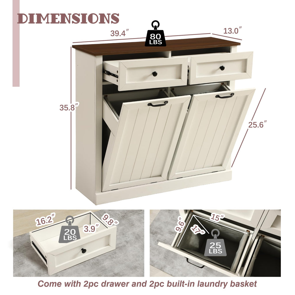 White 22 Gallon Wooden Laundry Hamper Cabinet with 2 Drawers I985872