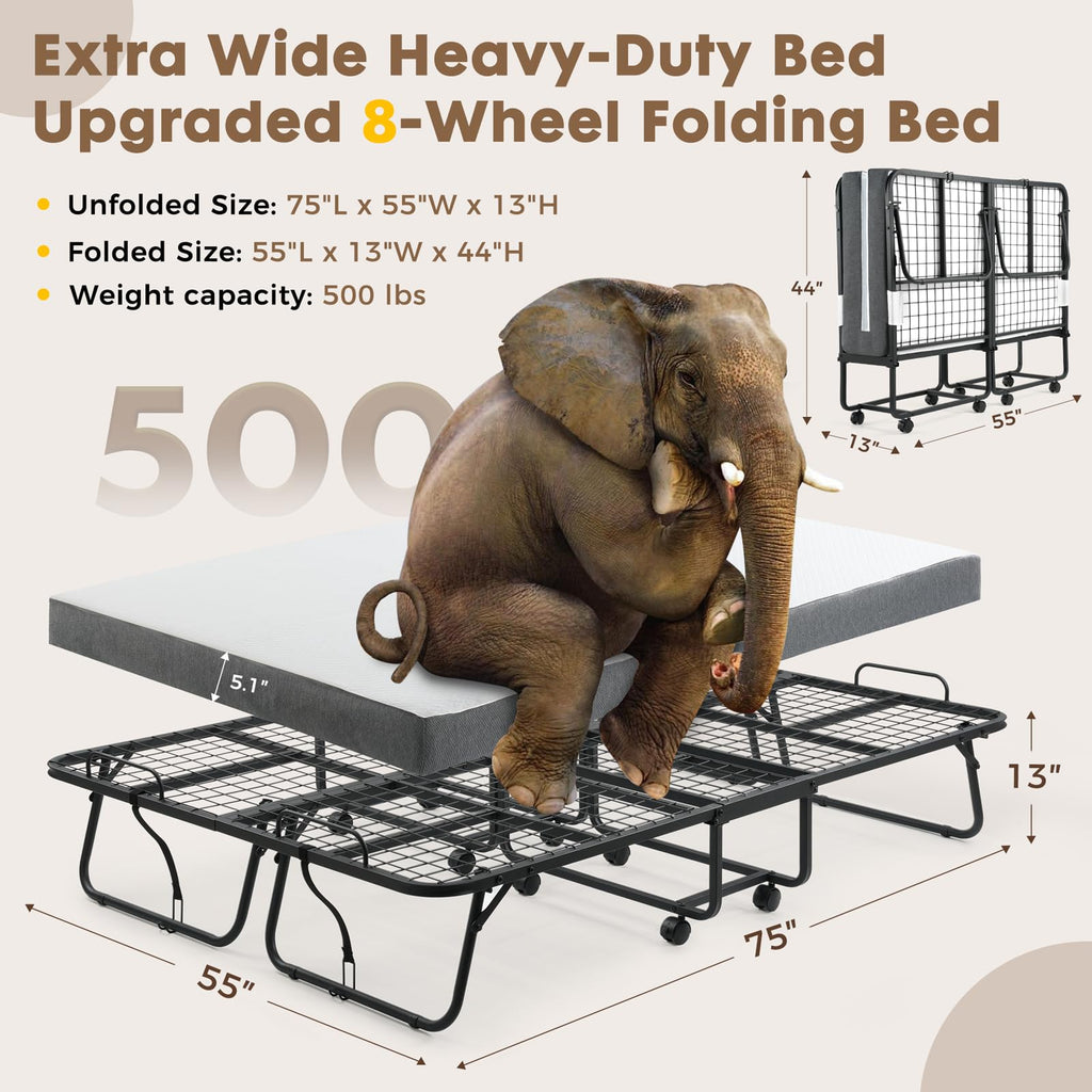 Folding Rollaway Guest Bed with 8 Casters and 6" Memory Foam Mattress Z554