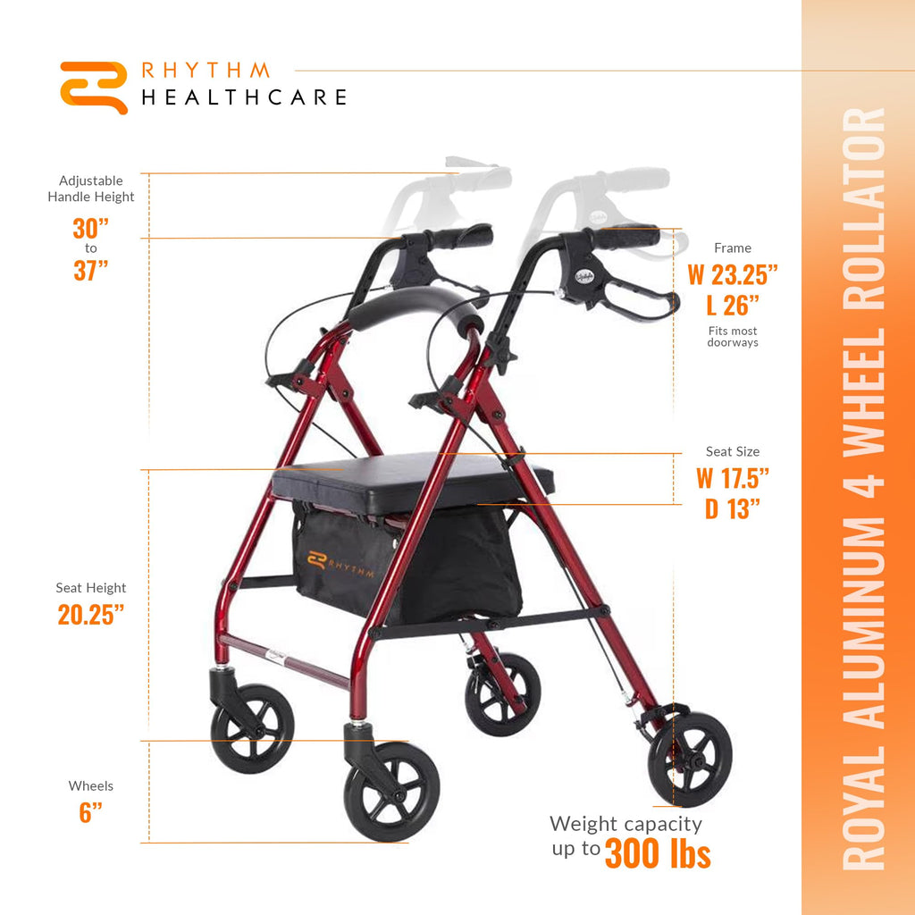 Red Aluminum 4 Wheel Rollator with Padded Seat O573919