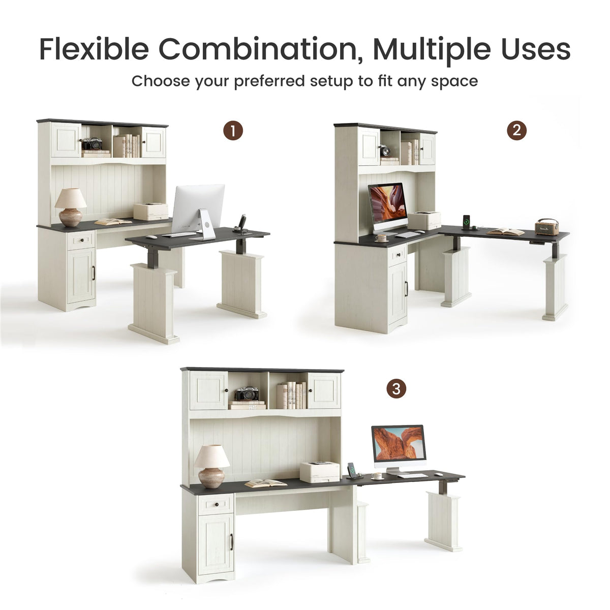 L Shaped Electric Standing Desk with Hutch and Drawers, Antique White L563864