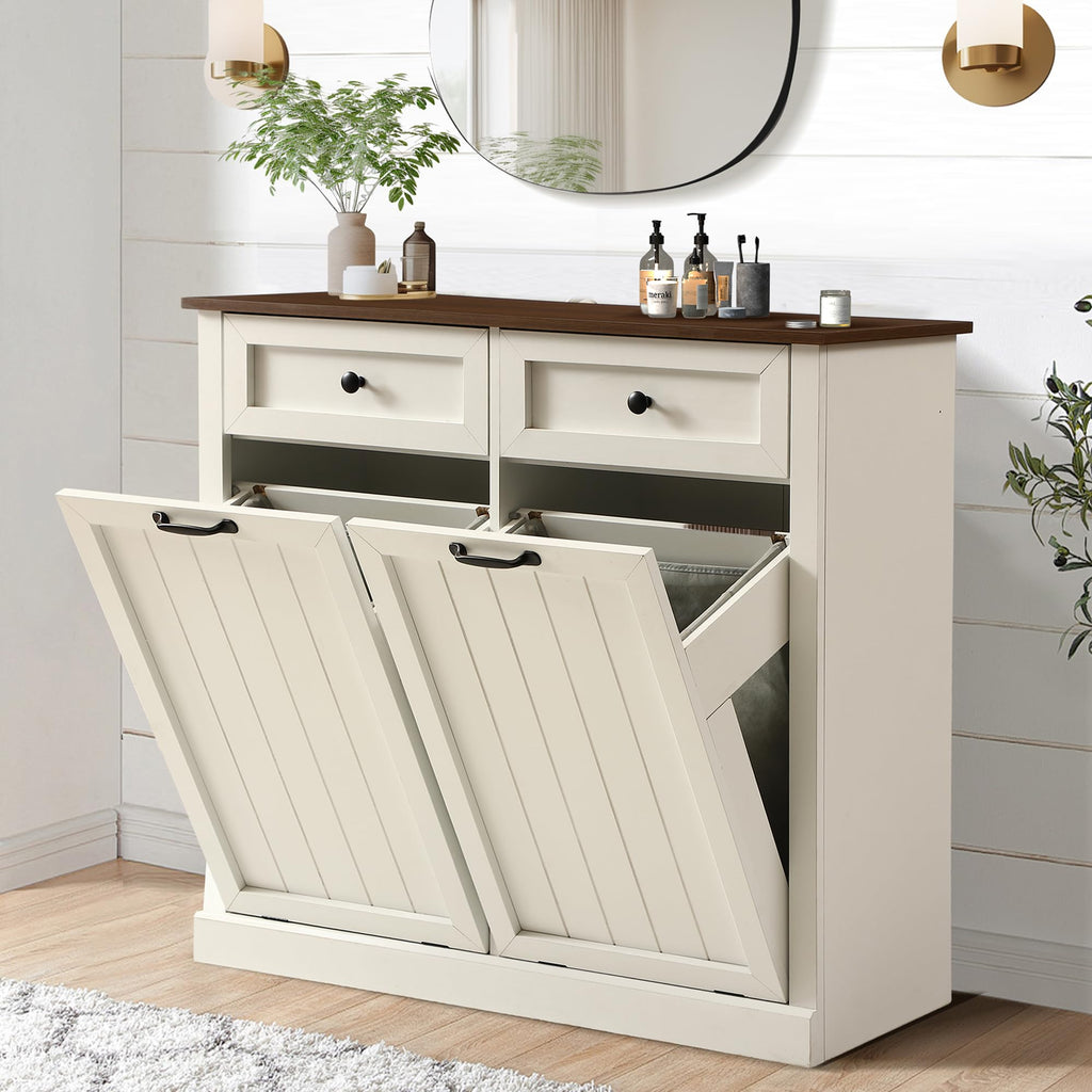 White 22 Gallon Wooden Laundry Hamper Cabinet with 2 Drawers I985872