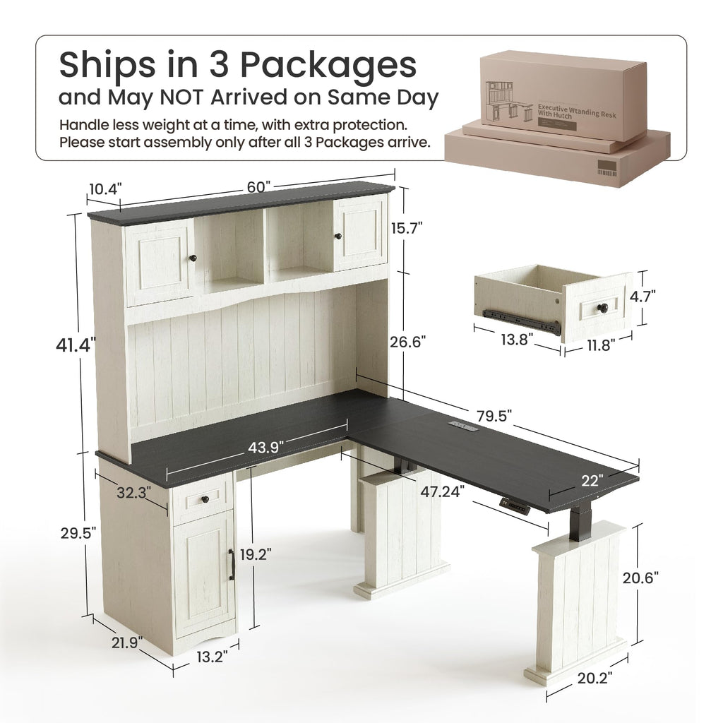 L Shaped Electric Standing Desk with Hutch and Drawers, Antique White L563864